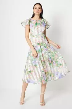 Платье миди в полоску из органзы со складками на плечах Coast, розовый