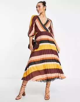 Платье миди в полоску со складками и вырезом ASOS DESIGN