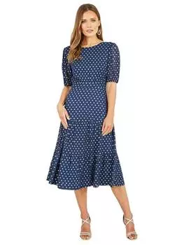 Платье миди в пятнышко из золотой фольги Yumi, цвет Navy/Gold
