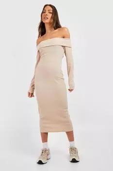 Платье миди в ребку с плечами Boohoo, серый