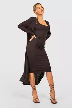 Платье миди в ребрику и комплект пыльника Boohoo, шоколадный