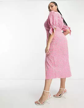 Платье миди в розово-красную клетку с завязками и рукавами Nothing's Child Plus Esme