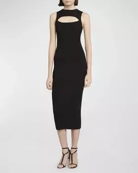 Платье миди в рубчик без рукавов с разрезом и вырезом Alexander McQueen, цвет Black