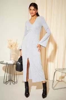 Платье миди в рубчик из мягкой на ощупь ткани с V-образным вырезом Friends Like These, серый