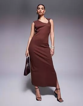 Платье миди в рубчик от ASOS DESIGN с фурнитурой шоколадного цвета