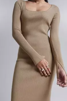 Платье миди в рубчик приталенного кроя H&M, бежевый