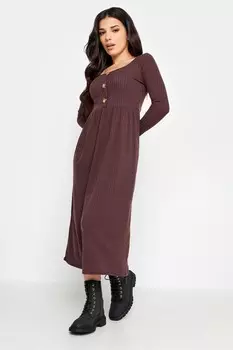 Платье миди в рубчик с длинными рукавами и пуговицами Pixiegirl Petite, коричневый