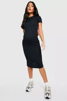 Платье миди в рубчик с короткими рукавами для беременных boohoo, черный