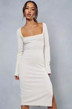 Платье миди в рубчик с квадратным вырезом и длинными рукавами и разрезом по ноге MISSPAP, белый