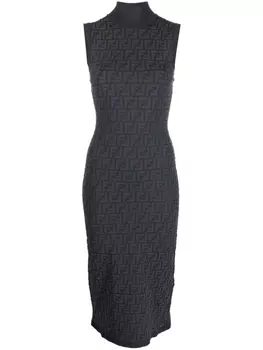 Платье миди в рубчик с логотипом FF FENDI, серый