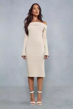 Платье миди в рубчик с открытыми плечами и длинными рукавами MISSPAP, бежевый
