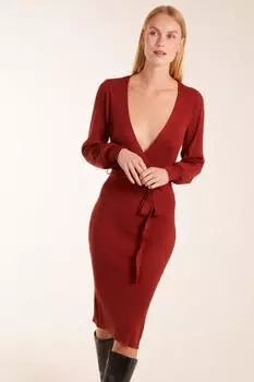 Платье миди в рубчик с V-образным вырезом и завязками Blue Vanilla, красный