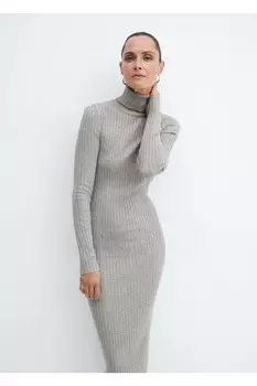 Платье миди в рубчик с высоким воротником Mango, серый