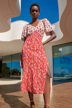 Платье миди в стиле ампир с узором короткими рукавами и V-образным вырезом Love & Roses, розовый