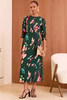 Платье миди в стиле ампир с рукавами фонариками Love & Roses, зеленый