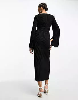 Платье миди в тонкую полоску с квадратным вырезом и рифлеными рукавами ASOS DESIGN
