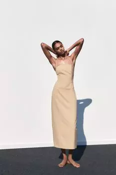 Платье миди в тонкую полоску ZARA, цвет Sand/Black