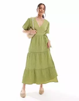 Платье миди Wednesday's Girl цвета хаки с фактурной отделкой, рукавами-фонариками и запахом