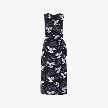 Платье миди Whistles с принтом "облака" и поясом на завязках, темно-синий