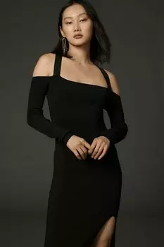 Платье-миди вязаное Anthropologie с квадратным вырезом и длинными рукавами, черный