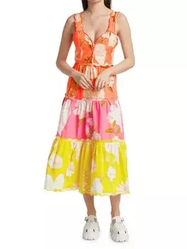 Платье - Миди Ярусное Farm Rio с цветочными блоками и цветочными блоками, оранжевый