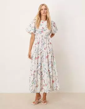 Платье-миди YAS с цветочным принтом и пышными рукавами кремового цвета