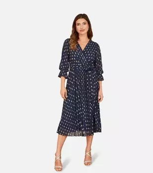 Платье миди Yumi с запахом и металлизированным ромбовидным принтом, темно-синий