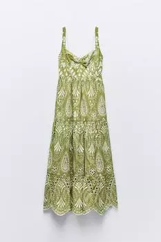 Платье - миди Zara Cutwork Embroidery, светло-зеленый