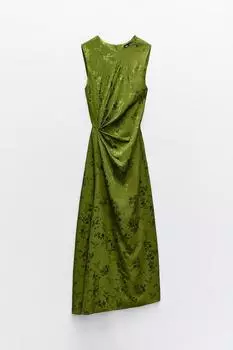 Платье - миди Zara Gathered Jacquard, зеленый