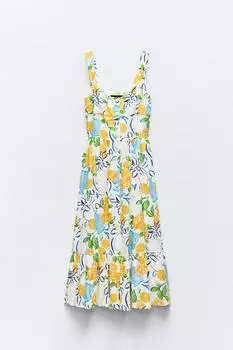 Платье - миди Zara Printed Linen, мультиколор