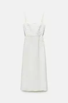Платье - миди Zara ZW Collection Embroidered, желтовато-белый