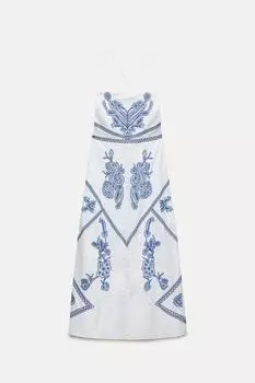 Платье - миди Zara ZW Collection Embroidered, синий/белый