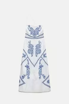 Платье - миди Zara ZW Collection Embroidered, синий/белый