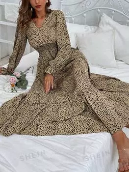 Платье-миди женское Shein Lune с запахом на талии и растительным принтом, кофейный