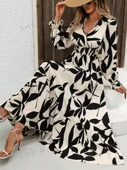 Платье-миди женское Shein Lune с запахом на талии и принтом, черный / белый