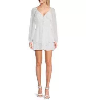 Платье Midnight Doll с длинными рукавами и блестящим горохом с двойным подолом и расклешенным краем, белый