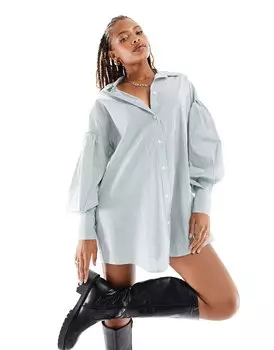 Платье мини Asos Design Boyfriend Shirt With Blouson Sleeve In Stripe, зеленый/белый