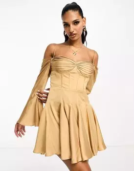 Платье мини Asos Design Draped Corset Off The Shoulder Satin With Godet, золотистый