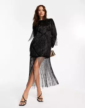 Платье мини Asos Design Embellished Fringe Beaded With Beaded Hem, черный