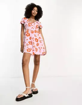 Платье мини Asos Design Floral Tea, розовый/оранжевый