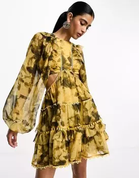 Платье мини Asos Design Lace Insert High Neck In Grunge Floral Print, желтый/черный