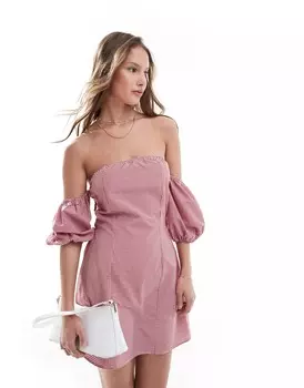 Платье мини Asos Design Puff Sleeve Bardot, темно-розовый