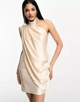 Платье-мини Asos Design с ассиметричной драпировкой на одно плечо Neck Cowl Back, бежевый