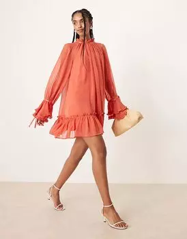 Платье-мини ASOS DESIGN с оборками на манжетах и атласными бантами в ярко-оранжевом цвете