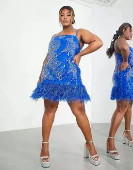 Платье мини Asos Edition Curve Floral Sequin And Bead With Faux Feather Hem, синий