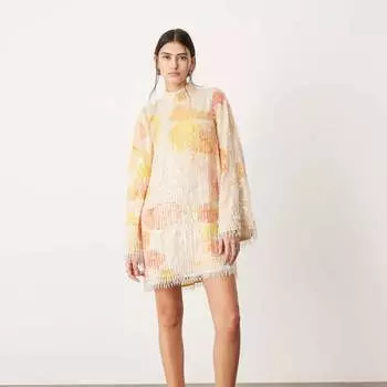 Платье-мини Asos Edition High-necked Sequined And Fringed, бежевый/желтый/оранжевый