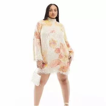Платье-мини Asos Edition High-necked Sequined And Fringed, бежевый/оранжевый