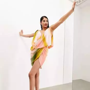 Платье-мини Asos Edition Memory Draped Structure Off Shoulder, розовый/желтый