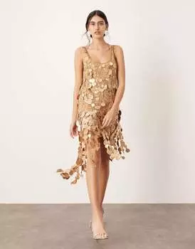 Платье-мини Asos Edition Transparent Mini Dress Asymmetrical Fringe Sequins, золотистый