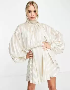 Платье-мини атласное в полоску и с рукавами-фонариками ASOS DESIGN, белый